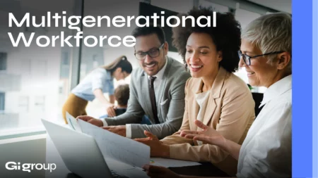 Employees from different generations collaborating in a multigenerational workplace