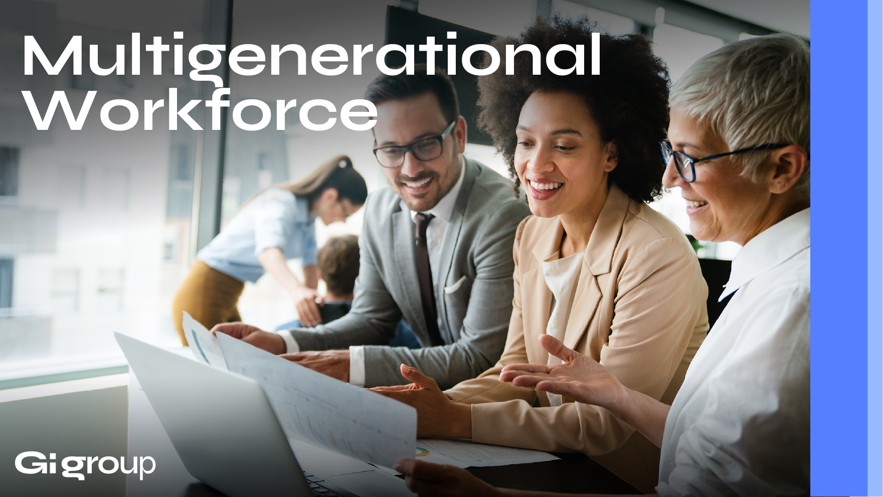 Employees from different generations collaborating in a multigenerational workplace