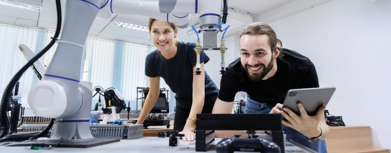 A professional adapting to future job trends, showcasing key skills like technology proficiency, problem-solving, and teamwork in a modern workplace.